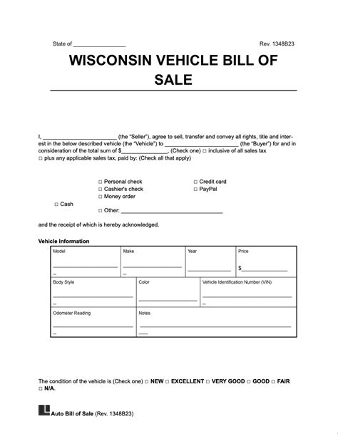 Free Wisconsin Auto Bill Of Sale Form Download