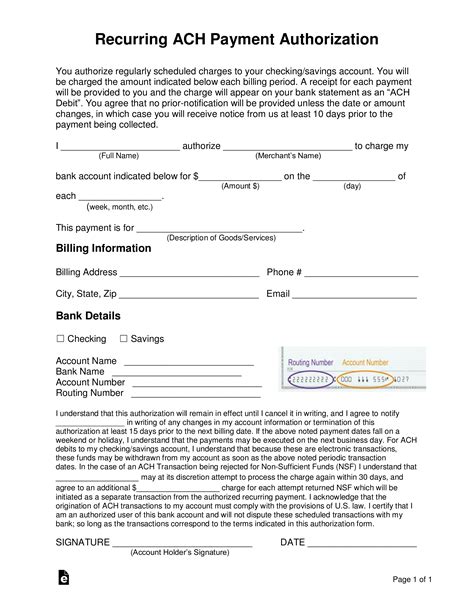 Generic Ach Payment Authorization Form Template