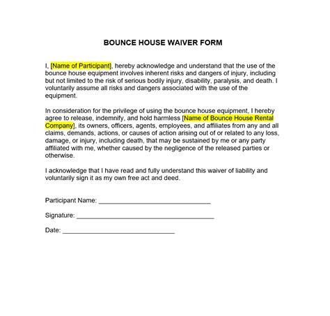 Generic Bounce House Waiver Form Template