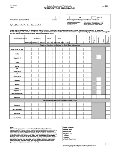 Georgia Form 3231 Certificate Of Immunization Requirements