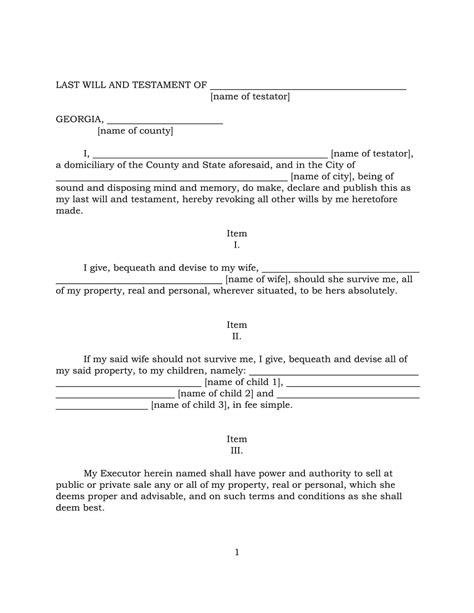 Georgia Last Will And Testament Form Free Download