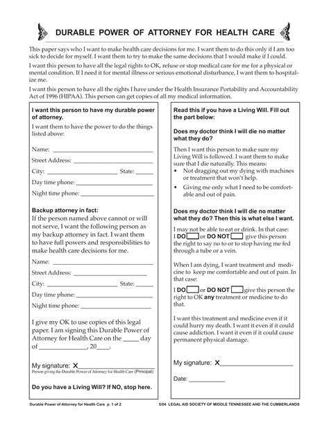 Get A Free Tennessee Durable Power Of Attorney Form