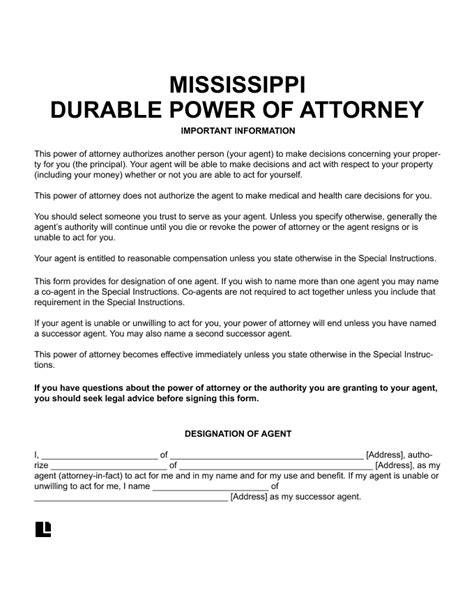 Get Free Mississippi Durable Power Of Attorney Form Easily