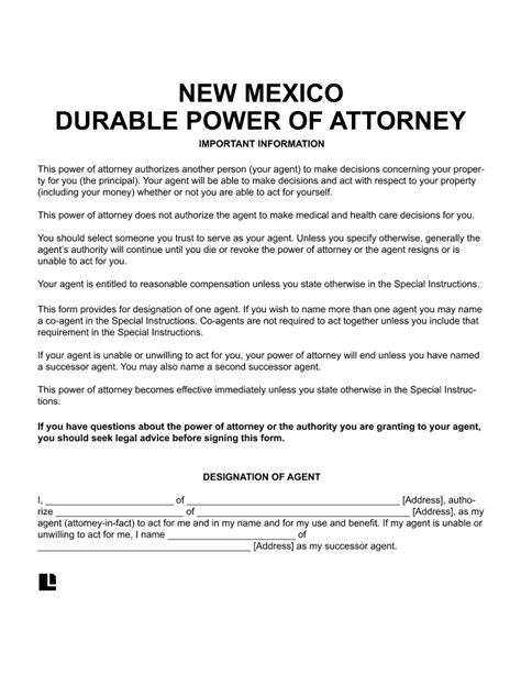 Get New Mexico Durable Power Of Attorney Form Free