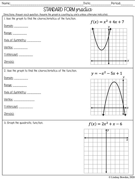 Graphing Quadratic Functions In Vertex Form Practice Worksheet