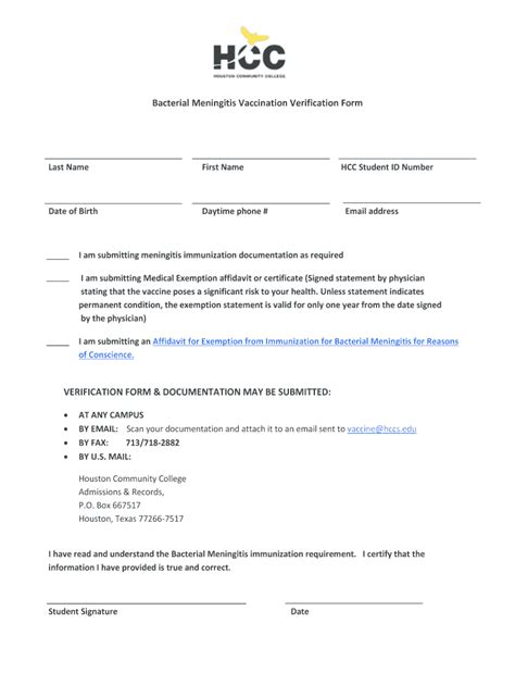 Hcc Meningitis Vaccination Verification Form Requirements