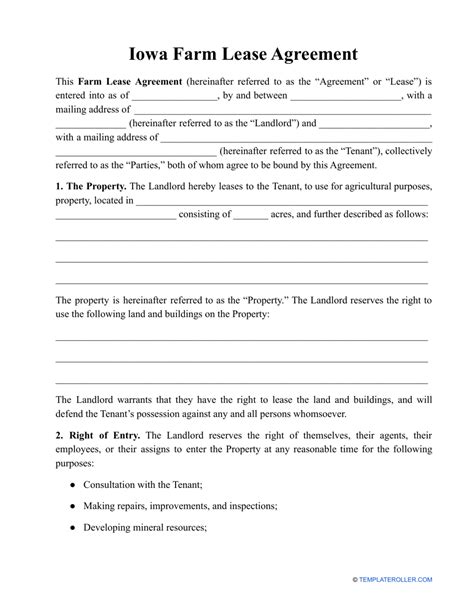 Iowa Cash Rent Farm Lease Agreement Template