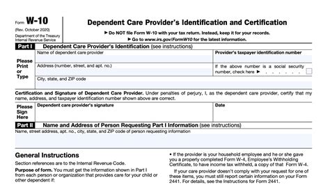 Irs Form W-10: Dependent Care Provider Information