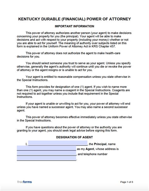 Kentucky Durable Power Of Attorney Free Printable Form