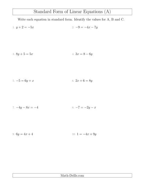 Linear Equations Standard Form Worksheet For Easy Practice