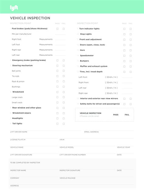 Lyft Inspection Form Printable Template For Drivers