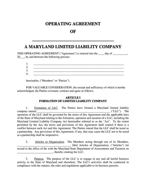 Maryland Llc Operating Agreement Form Template And Guide