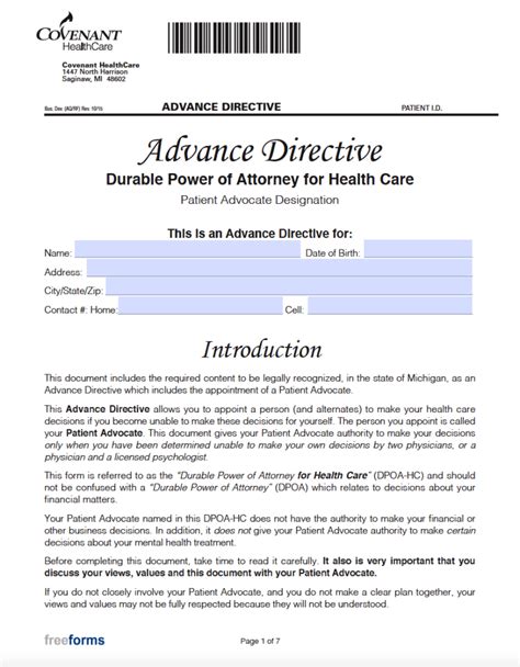 Michigan Advance Directive Form Free Printable Template