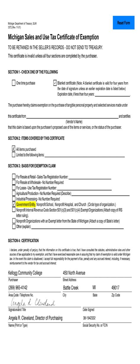 Michigan Sales Tax Exemption Certificate Form 3372 Guide