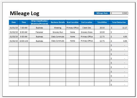 Mileage Tracker Form Excel Template