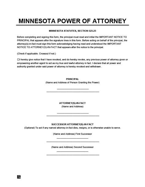 Minnesota Free Printable Power Of Attorney Form