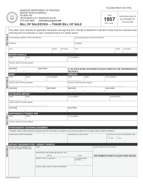 Missouri Bill Of Sale Form 1957: Free Download Template