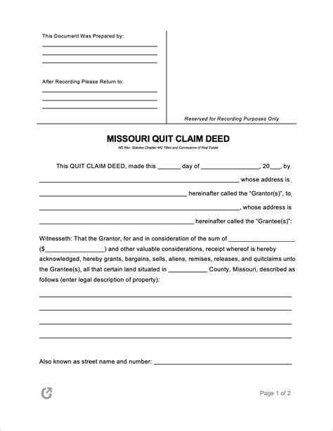 Missouri Free Quit Claim Deed Form Download