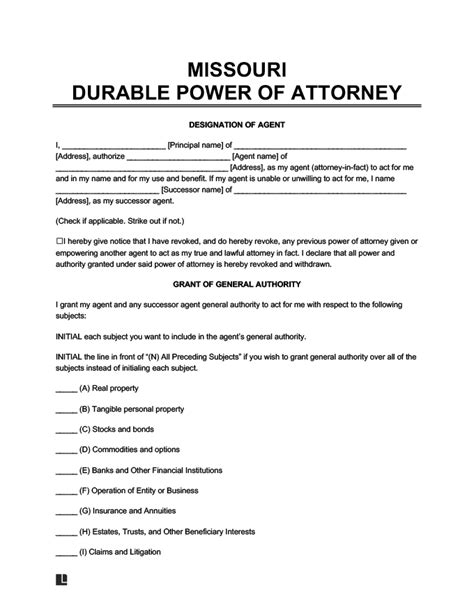 Missouri Power Of Attorney Form - Free Download Available