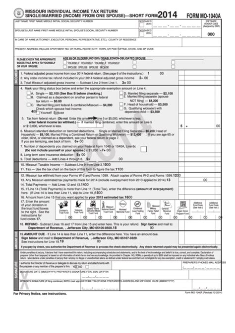 Missouri State Income Tax Form Mo-1040a Explained