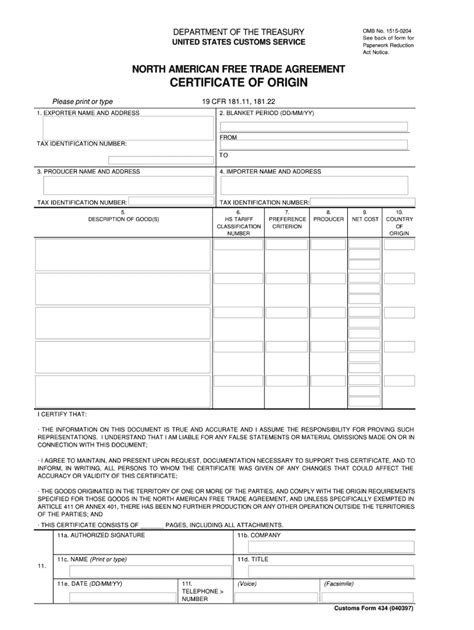 Nafta Certificate Of Origin Form Fillable Template