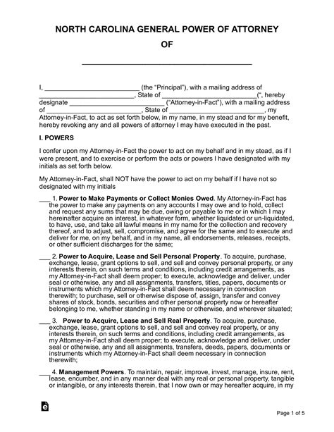 Nc Power Of Attorney Form: Free Printable Template