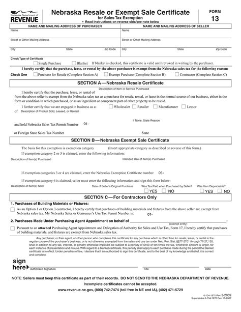 Nebraska Sales Tax Exemption Form Requirements