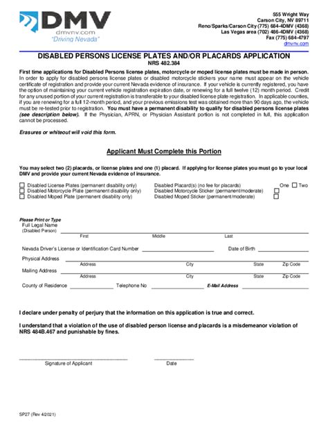 Nevada Dmv Handicap Placard Application Form And Requirements