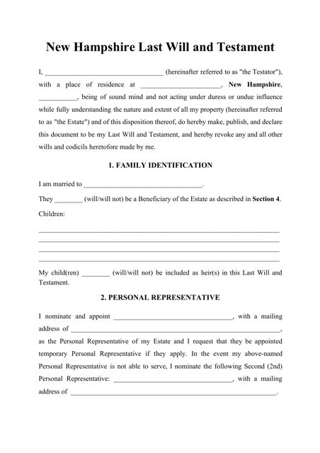 New Hampshire Last Will And Testament Form Template