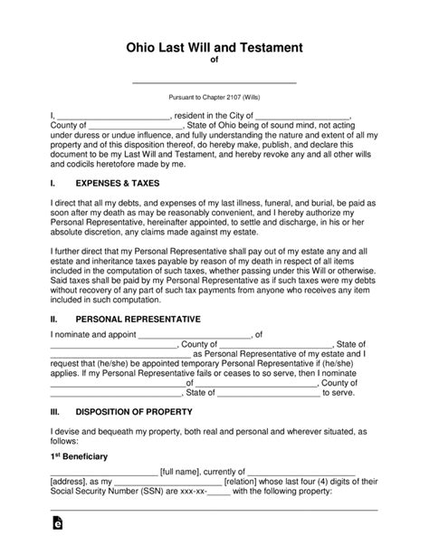 Ohio Last Will And Testament Form Download Free