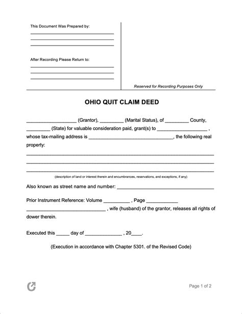 Ohio Quit Claim Deed Form Free Printable Template