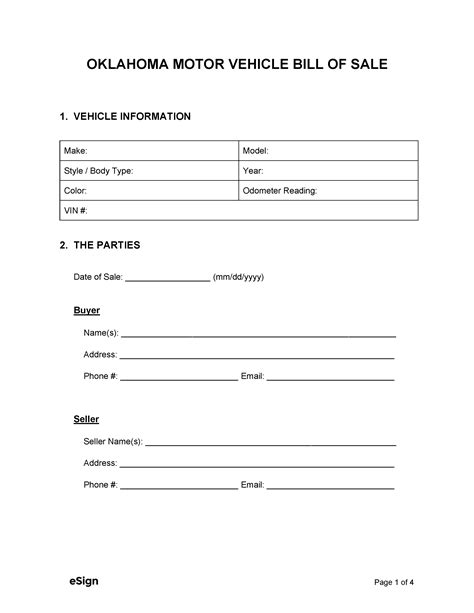 Oklahoma Free Blank Auto Bill Of Sale Form