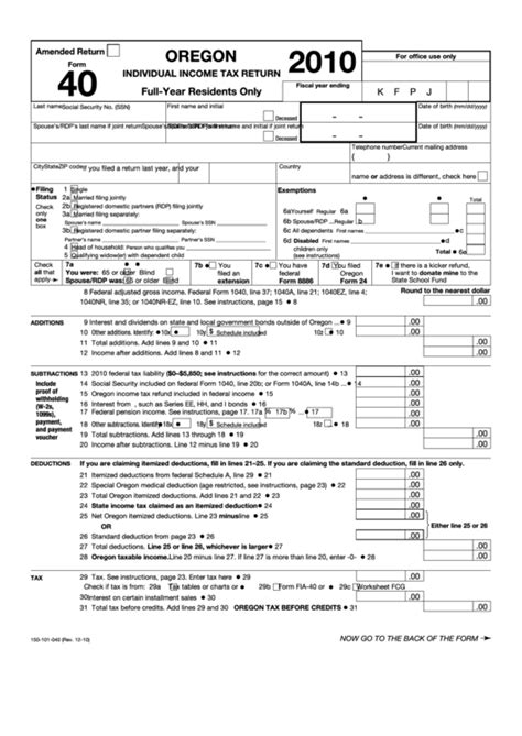 Oregon Resident Tax Return Form 40 Filing Guide