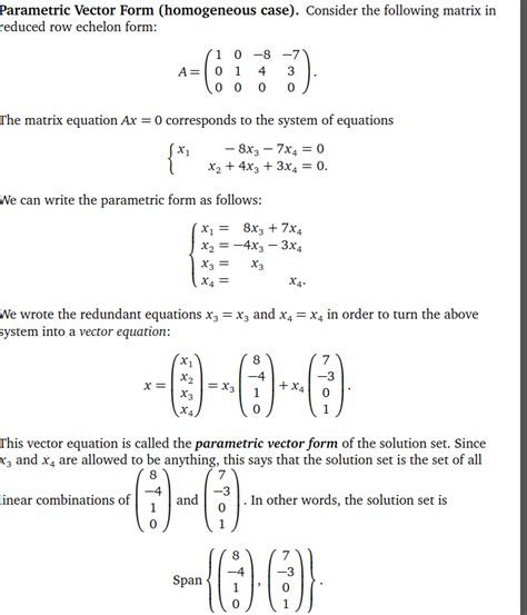 Parametric Vector Form Of Linear Equations: Ax = 0 Solutions