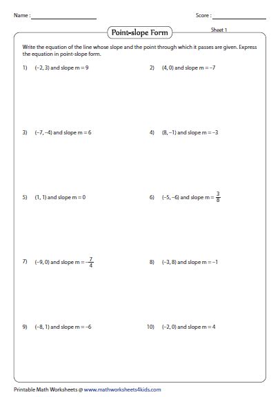 Point Slope Form Worksheet For Algebra Students