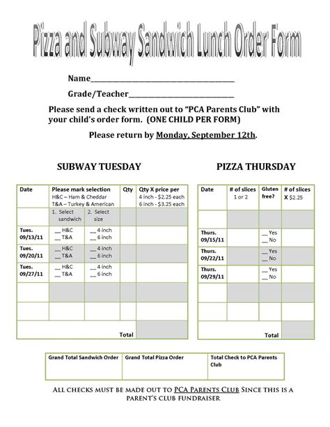 Printable Subway Order Form For Easy Customization