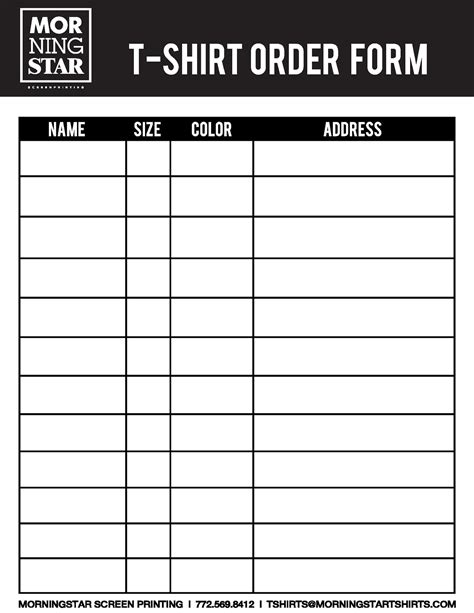 Printable T-Shirt Order Form Template For Easy Use