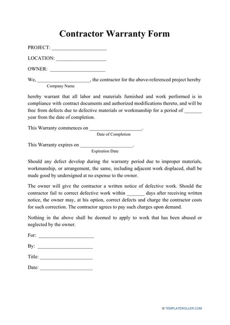 Printable Warranty Form Template In Word