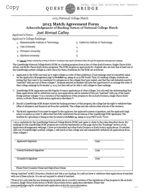 Questbridge Match Agreement Form: A Comprehensive Guide