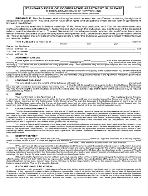 Rebny Standard Form Cooperative Apartment Sublease Agreement