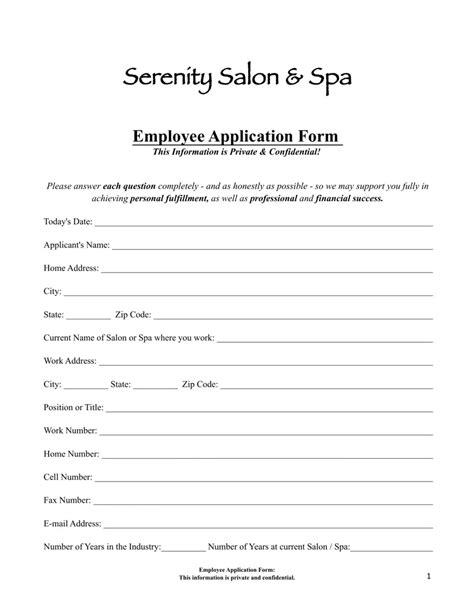 Salon Application Form Template Free Download