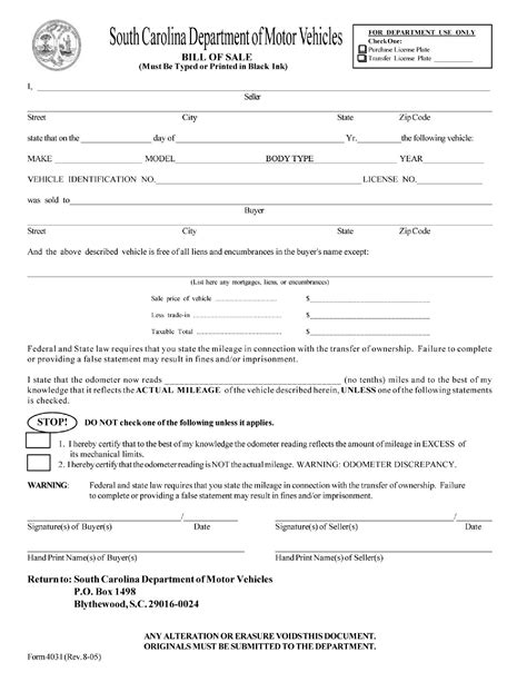 Scdmv Bill Of Sale Form 4031: Download And Guide