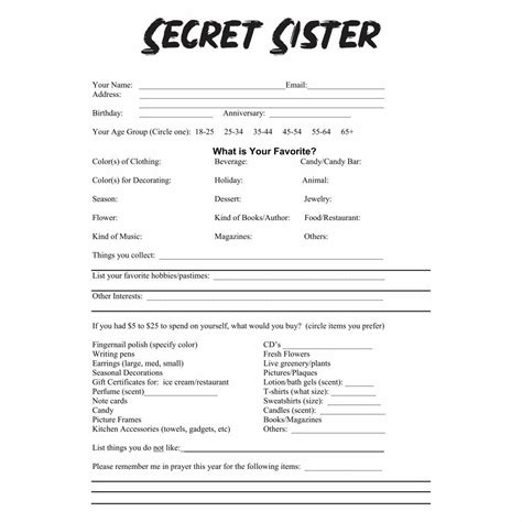 Secret Sister Questionnaire Form Printable Template Free