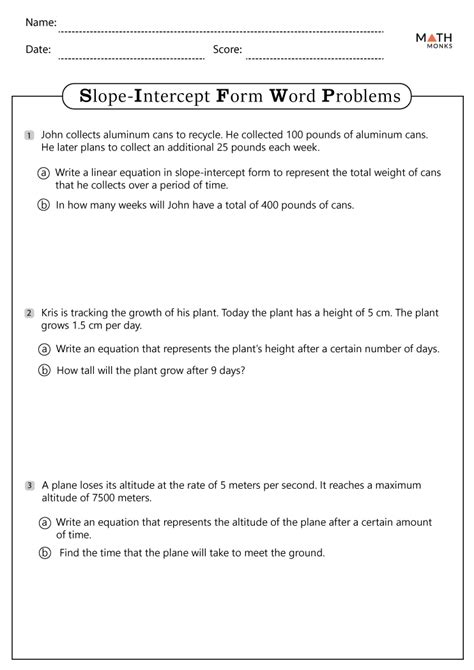 Slope Intercept Form Word Problems Worksheet With Answers