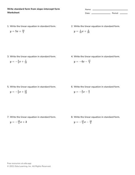 Slope Intercept Form Worksheet For Linear Equations Mastery