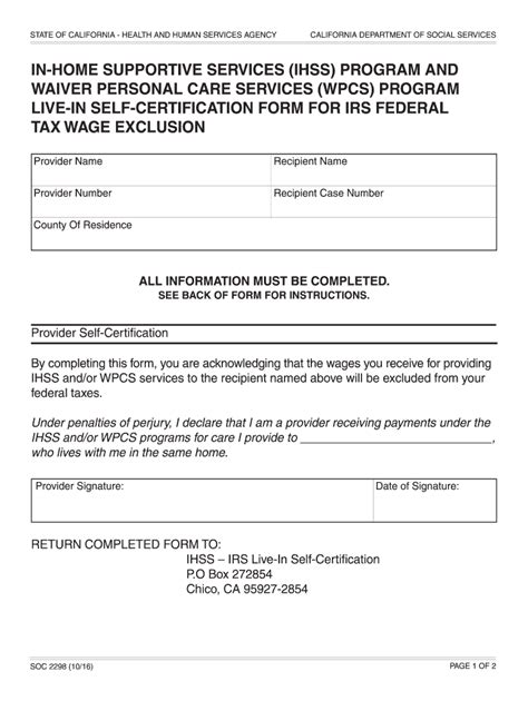 Soc 2298 Live-In Self Certification Form Requirements