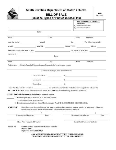 South Carolina Bill Of Sale Form 4031 Template Guide