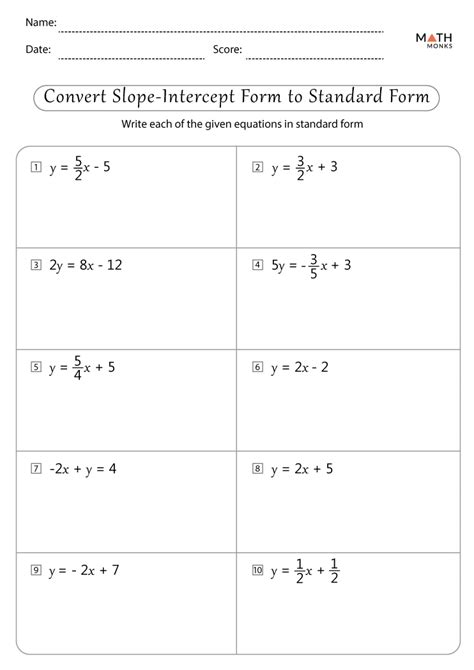 Standard Form To Slope Intercept Worksheet