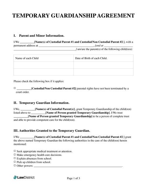 Temporary Guardianship Form Template For Parents And Caregivers