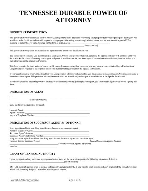 Tennessee Durable Power Of Attorney Form Made Easy